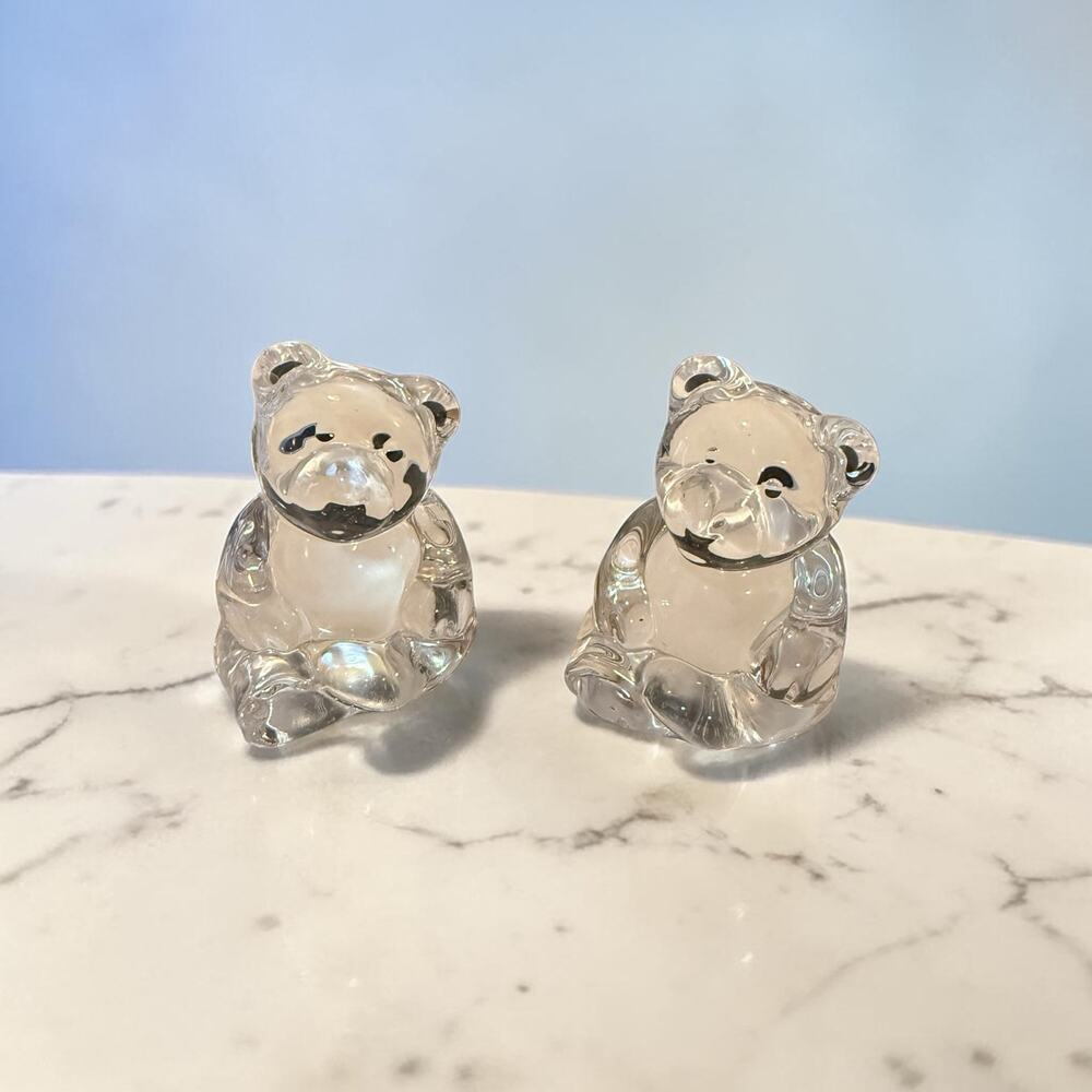 Vintage Clear Crystal Sitting Bear Figurines Pair Art Glass Table Decor